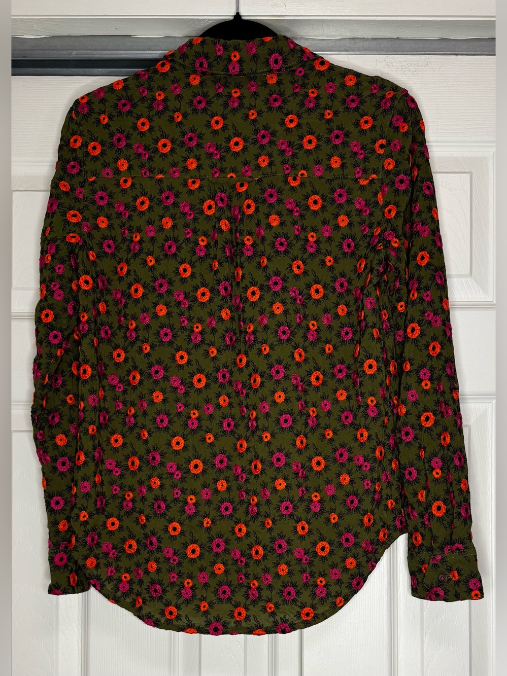 Maeve Olive Green Pink and Orange Floral Embroidered Button Up Blouse - Size 6 - Picture 5 of 6